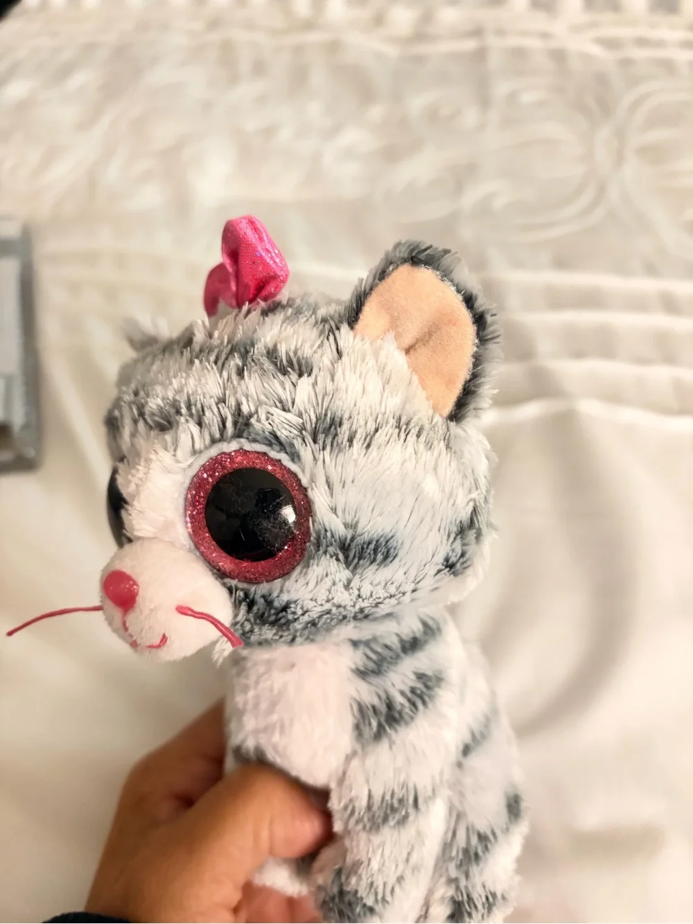 Ty Grey & White Plush Kitty with Pink Bow and Accents